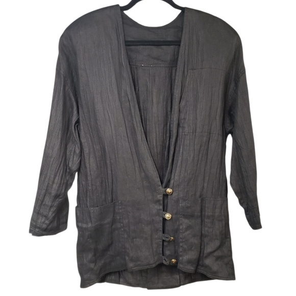 Vintage Black Women's Linen Jacket Blazer Relaxed Boxy - Picture 4 of 16